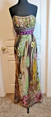 Vintage Riva Design Gold Purple Floral Beaded Long Strapless Dress Gown 6 • $38.99