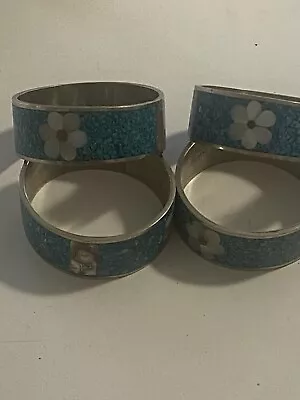 Hechcen Mexico Alpaca  Silver Turquoise Mother Of Pearl Napkin Ring Set Of 4 • $11