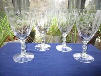 1936-66 FOSTORIA CHINTZ  Etch DEPRESSION GLASS 4 ELEGANT WINE GLASSES 6.25  • $75
