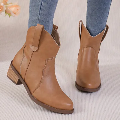 Ladies Pointed Toe Cowgirl Mid Calf Western Block Heel Ankle Cowboy Bootie Size • $59.71