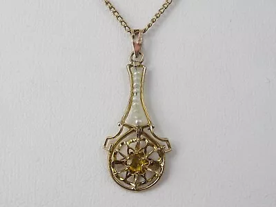 Antique Necklace Victorian Period Citrine Seed Pearl 18  Drop 10K Yellow Gold • $195