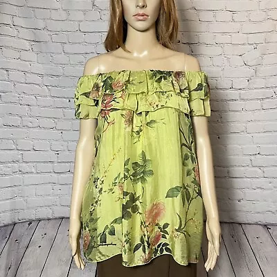 New Tempo Paris Silk Off Shoulder Green Floral Top Size S Made In Italy • $35.10