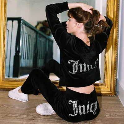 UK Women Juicy Print Diamante Logo Zip Up Velour Velvet Tracksuit Sweater Set • £8.99