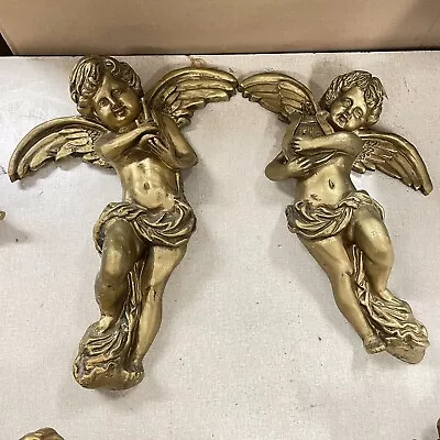 Vintage Large 17” Pair Of 2 Hollywood Gold CHERUBs ANGELs HODA Harp Trumpet LN • $55