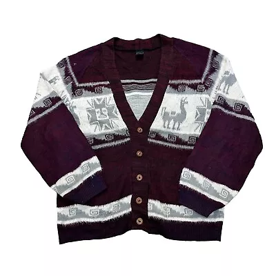 Vintage Inca Artesanias Knit Cardigan Aztec Abstract Wool Purple Sweater Mens XL • £34.99