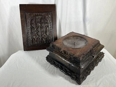 £9 • Buy Stunning Antique Hardwood Pillar Candle Plinth And Carved Panel Set