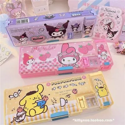 Hot Kuromi My Melody Pompom Purin Student Magnet Double Layer Pencil Case • £13.19