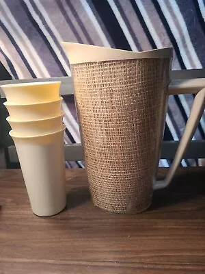 Vintage Plastic Burlap Pitcher Tan With 4 Plastic Tumblers. McM • $10.50