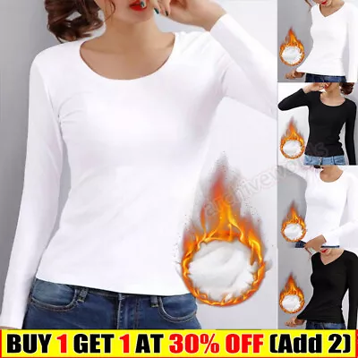 Women's Thermal Lined Long Sleeve Top O/V Neck T-Shirt Warm Seamless Base Layers • £7.99