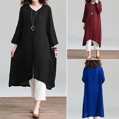 ZANZEA Womens 3/4 Sleeve Asymmetric Hem Robe Plain Abaya Casual Tops Long Dress • $29.65