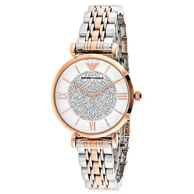 Emporio Armani Gianni T-Bar White Rose Gold Silver Crystal Women's Watch AR1926 • $175