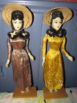 Vietnamese Dolls W/ Stands & Hats Vintage Silk Outfits 15 1/2  Very Pretty • $29
