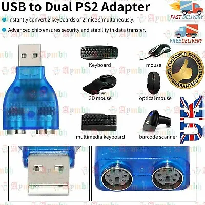 £3.07 • Buy USB 2.0 Male To 2 Port PS2 Female Converter Adapter Adapter For Keyboard Mouse