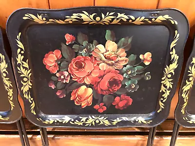 4 Vintage MCM Metal TV Trays W Legs Black W/Tole Painted Roses By Crestline • $155