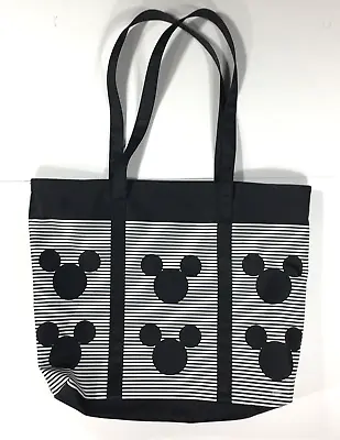 Disney Parks Bag Tote Black White Stripes & Micky Heads Zip Close Double Handle • $24.69
