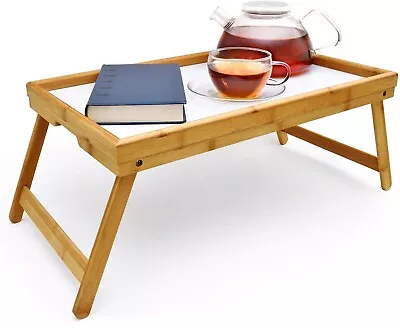Bamboo Lap Tray With Folding Legs White Top Bed Breakfast Dinner Serving LapTray • £13.50