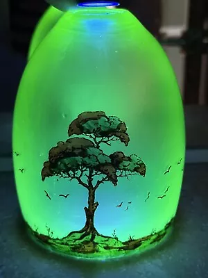 Antique Art Deco Vaseline Uranium Glass Light Shade Painted With Trees & Birds • £22