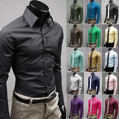 Men Casual Fashion Slim Fit Long Sleeve Casual Business Formal Dress Shirts Top • £15.16