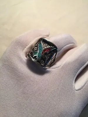 Vintage Eagle Ring Silver Men's Turquoise Coral Stone Inlay Size 10.75 • $44