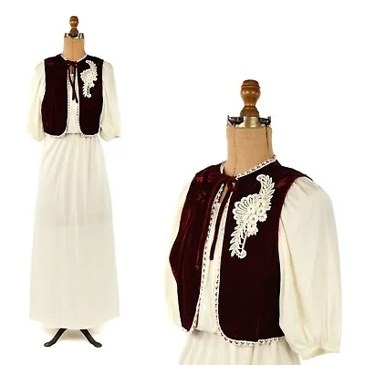 $58 • Buy Vintage 70s Cream Balloon Sleeve Blouson Velvet Crop Vest Maxi Festival Dress S