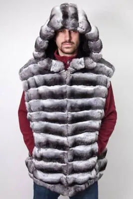 Mens Real Rex Rabbit Fur Vest Hooded Winter Warm Gilet Waistcoats Chinchilla • $419
