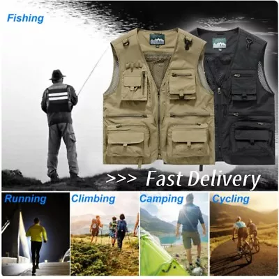 Men Mesh Vest Multi Pocket Jacket Loose Outdoor Quick Dry Fishing Vest Waistcoat • $25.99