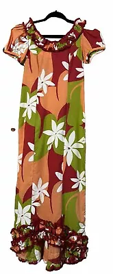Vintage Hawaiian Muumuu Floral Dress Pumehana Hawaii Ruffles XS ORANGE RED EUC • $56.80