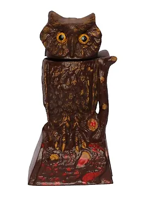 MONEY BANK ANTIQUE /VINTAGE STYLE CAST IRON MECHANICAL Brown OWL Turns Head BOX • $79