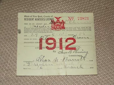 1912 State Of New York Resident Hunting License - Washington Co.  N.y. • $49.99