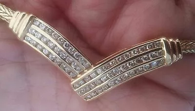 Estate 14k 1960'S 3 Row Channel Set Diamond  V  Shape Necklace  18 Inches((VLT)) • $1999