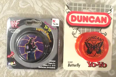 (2) VINTAGE YO-YOs - WWF-LIGHTS-SOUND & DUNCAN BUTTERFLY #3058NP ORIG PACKAGES • $19.99