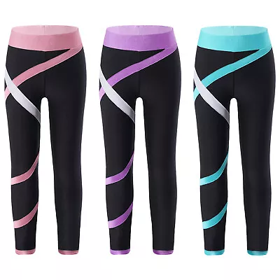 Kid Girls Athletic High Rise Gymnastics Figure Ice Skating Pants Tights Trousers • £12.79