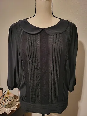 Black 100% Silk Blouse 3/4 Sleeve Gothic Steampunk Victorian • $24