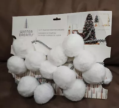 New White Faux Fur Balls 12 Feet Long Indoor Decoration Garland 27 Pom Pom Balls • $17.95