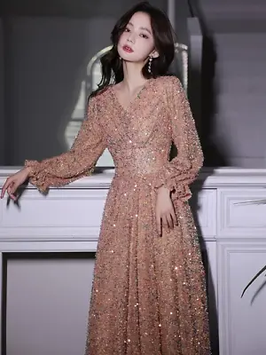 Evening Dresses Elegant V-Neck A-Line Floor-Length Sparkly Sequin Gowns Dress • £146.99
