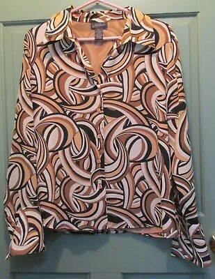 Milano Women's Brown Abstract Print Button-Front Long Sleeve Blouse Size XL • $16.88
