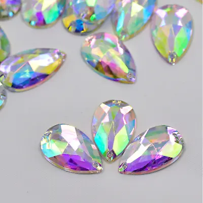 50x Clear AB Flat Back Faceted Teardrop Pear Rhinestone Sew On Bead Diamante Gem • £3.49