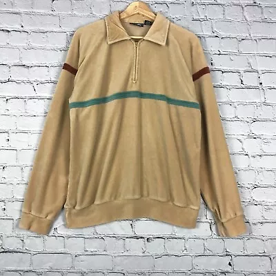 Vintage Velour Shirt Mens Large Beige Brown Striped 1/4 Zip Long Sleeve 80s • $39.88