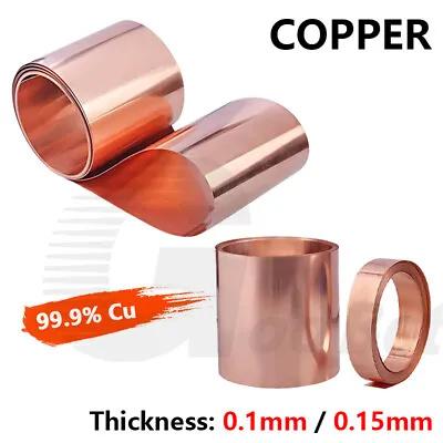 99.9% Pure Copper T2 Cu Metal Sheet Foil Plate Strip Band Thick 0.1mm / 0.15mm • $3.09