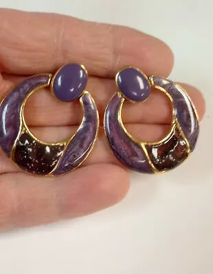 Vintage Purple Enamel Flat Hoop Earrings Post Pierced Gold Tone Outline  • $11.87