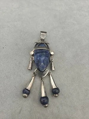 Vintage Taxco Mexico Sterling Silver Carved Sodalite Aztec Mask Pendant • £77.84