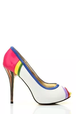 Multicoloured White Stiletto High Heel Ladies Shoes Size 4 • £10.99