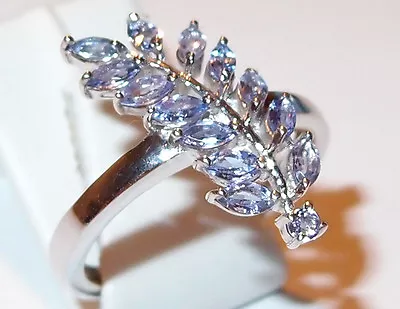 14-stone Tanzanite Leaf Design Ring Platinum Overlay Sterling Silver Size R. • £33.99