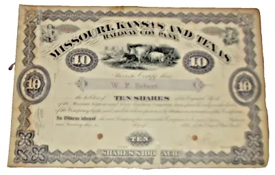 1889 Missouri Kansas Texas Railway Mkt Capital Stock Ten Share Certificate • $50