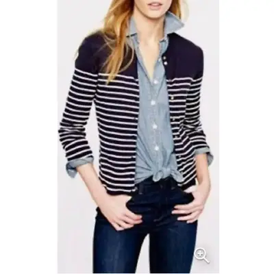 J Crew Jackie Cardigan Women's M Navy White Stripe Nautical Button Coastal  • $35