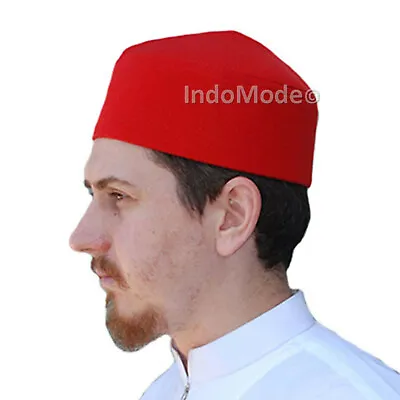MUSLIM FASHION Soft Red Moroccan Fez-style Kufi Hat Faux Felt Rigid Prayer Cap • $13.49