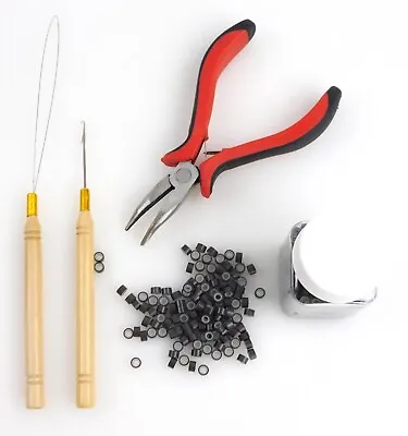 500pcs Silicone Beads + Micro Rings Loop Hair Extensions Pliers Hook Tool Kit #1 • $9.99