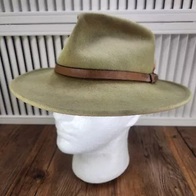 VINTAGE Dorfman Pacific Wool Fedora Hat Green Wide Brim Felt Boho Made In USA • $29