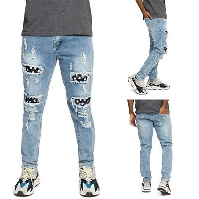Victorious Men's Casual Distressed Bandana Paisley Patched Skinny Jeans DL1310 • $39.95
