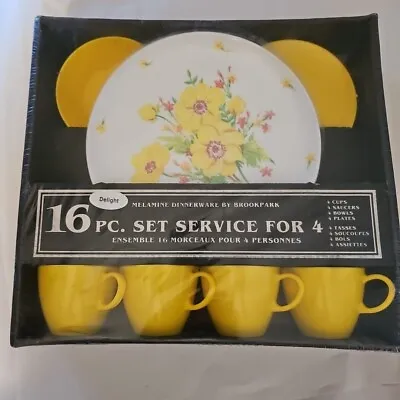 Vtg Brookpark 16 Pc Melamine Dinnerware Set Delight Yellow Floral New Old Stock • $34.99